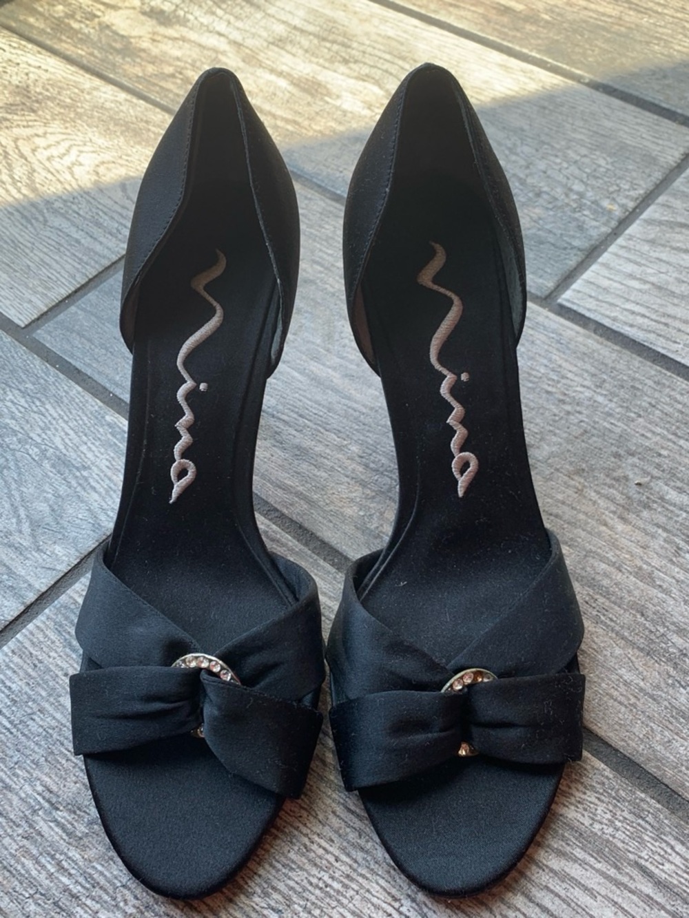 Nina Black Satin D'Orsay Bow Heels with Rhinestone Accent